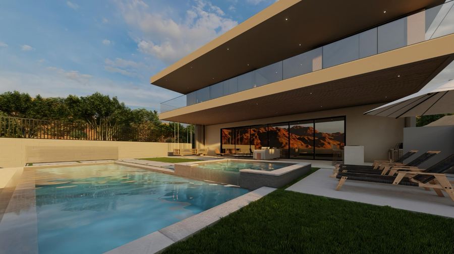 Rendering: lake-facing elevation and pool