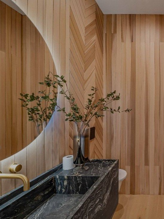 Powder room, herringbone oak and stone basin